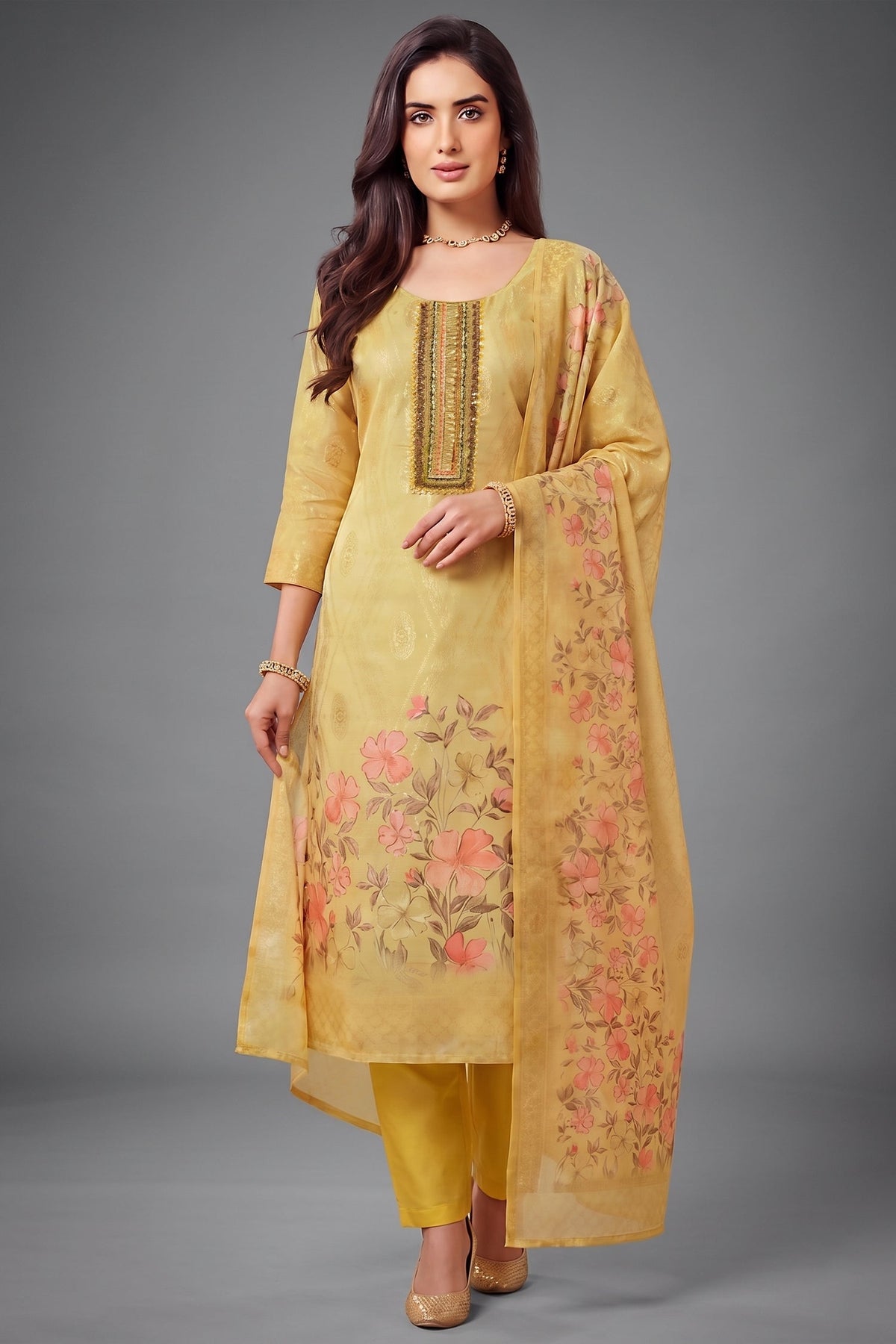 Light Yellow Tissue Floral Printed Straight Cut Suit
