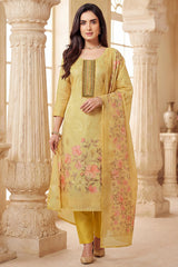 Light Yellow Tissue Floral Printed Straight Cut Suit