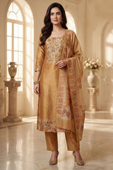 Beige Tissue Embroidered Straight Cut Suit