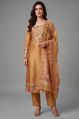 Beige Tissue Embroidered Straight Cut Suit