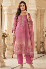 Pink and Cream Tissue Floral Printed Straight Cut Suit