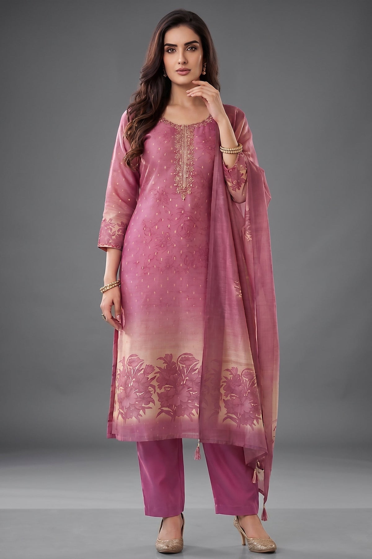 Pink and Cream Tissue Floral Printed Straight Cut Suit