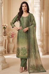 Green and Cream Tissue Floral Printed Straight Cut Suit