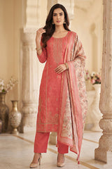 Coral Peach Art Silk Embroidered Straight Cut Suit