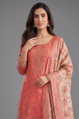 Coral Peach Art Silk Embroidered Straight Cut Suit