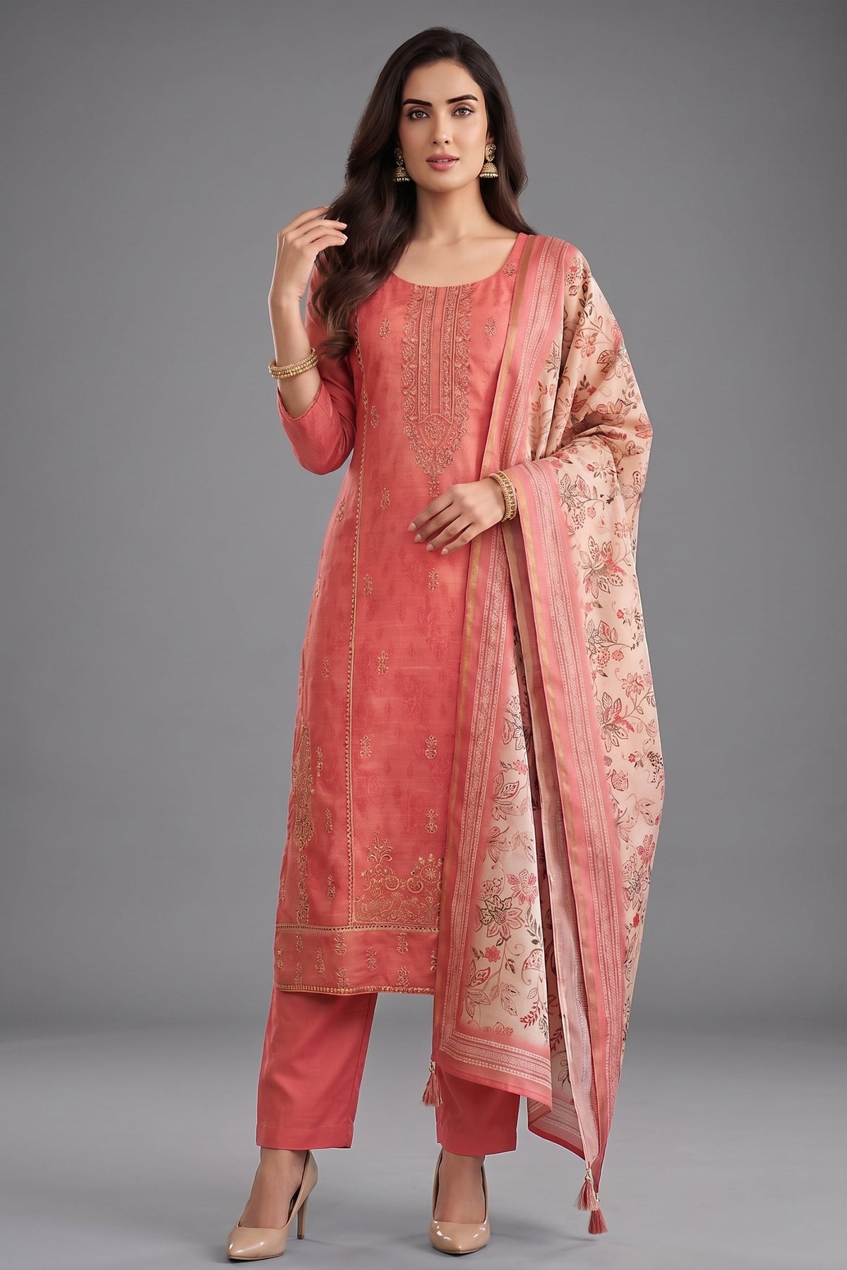 Coral Peach Art Silk Embroidered Straight Cut Suit