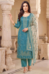 Blue Art Silk Embroidered Straight Cut Suit