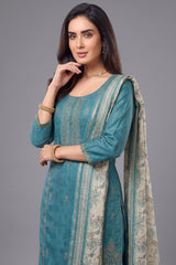 Blue Art Silk Embroidered Straight Cut Suit