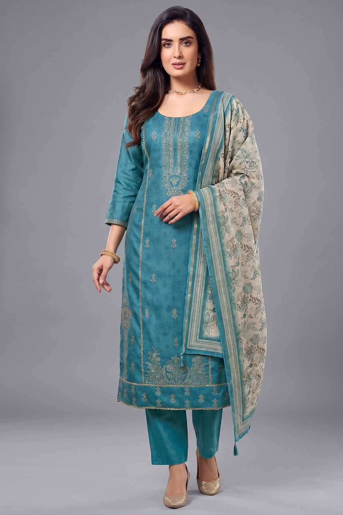 Blue Art Silk Embroidered Straight Cut Suit