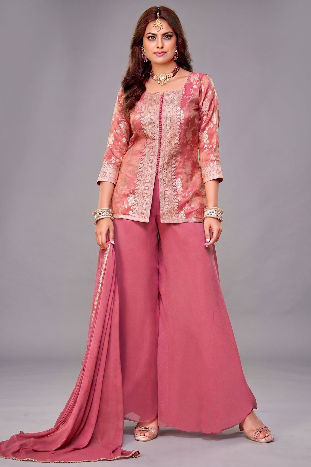 Dark Peach Pink Tissue Woven Palazzo Suit