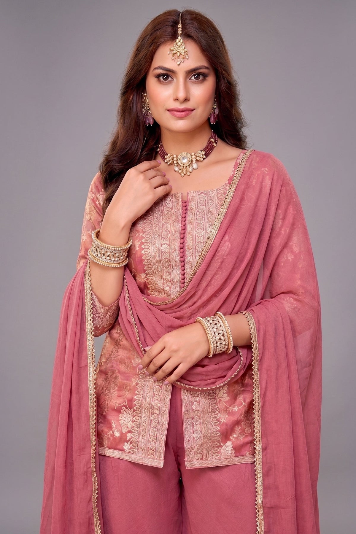 Dark Peach Pink Tissue Woven Palazzo Suit