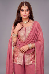 Dark Peach Pink Tissue Woven Palazzo Suit