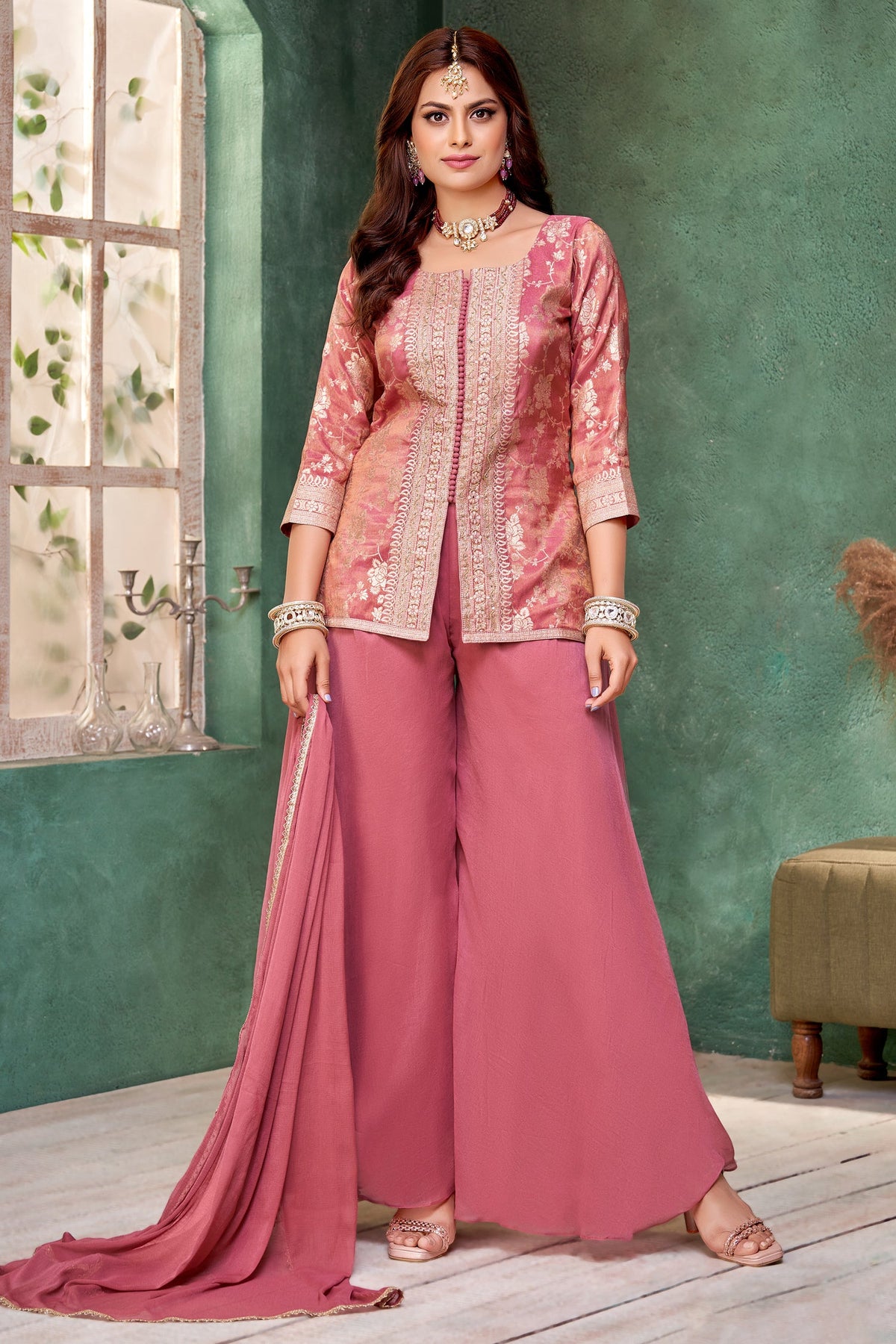 Dark Peach Pink Tissue Woven Palazzo Suit