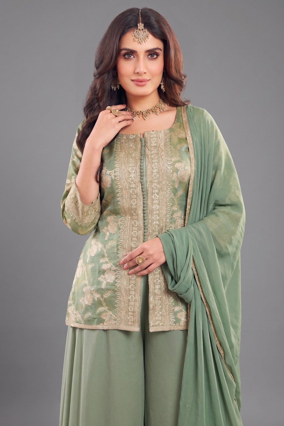Green Tissue Woven Palazzo Suit