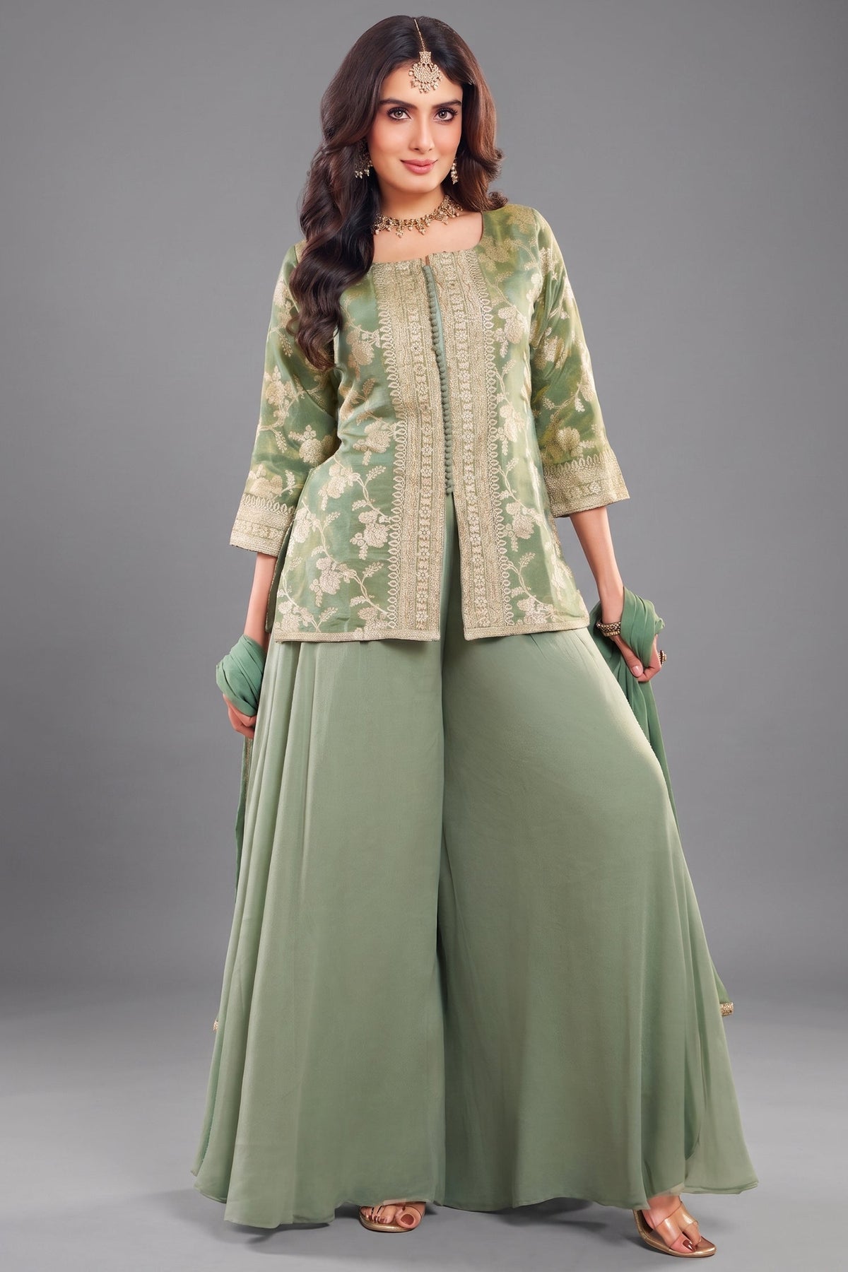 Green Tissue Woven Palazzo Suit