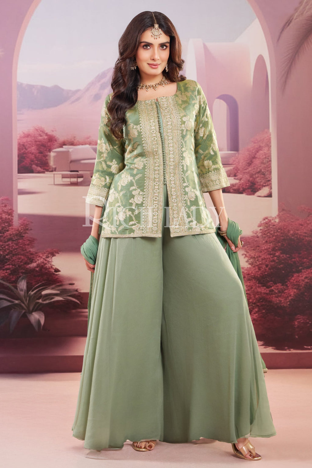 Green Tissue Woven Palazzo Suit