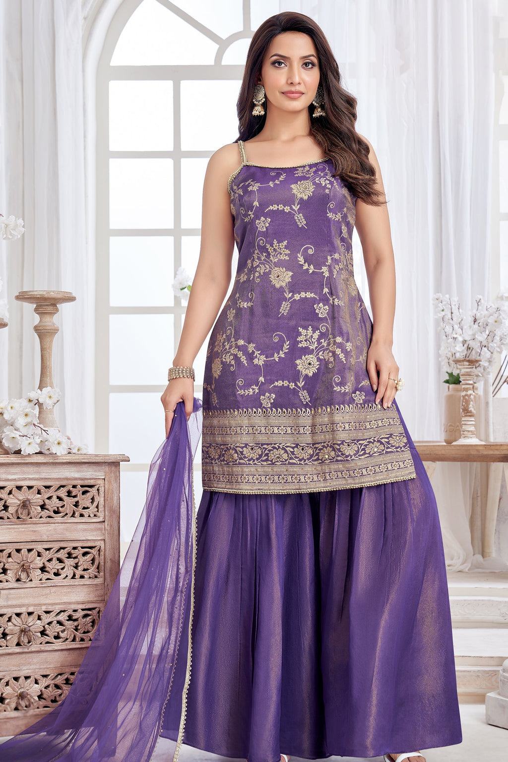 Purple Tissue Floral Woven Sharara Suit
