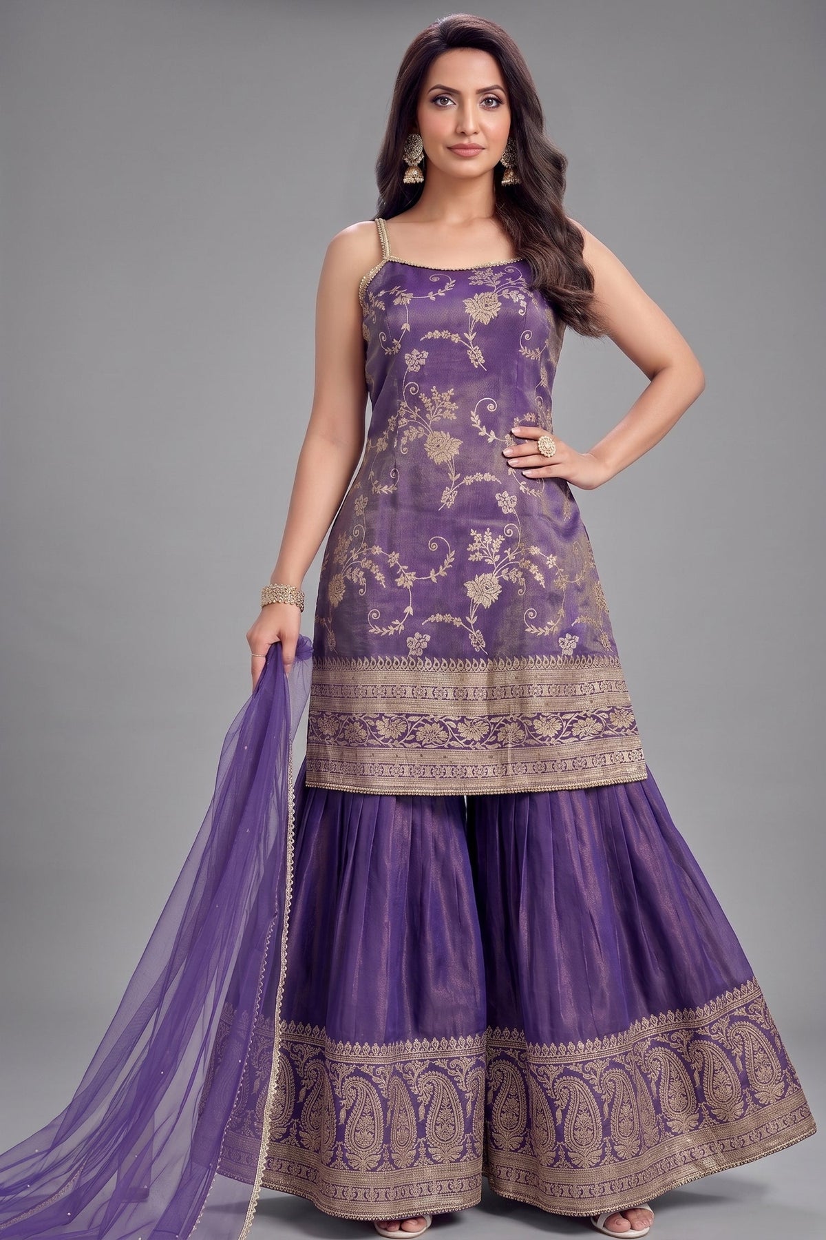 Purple Tissue Floral Woven Sharara Suit