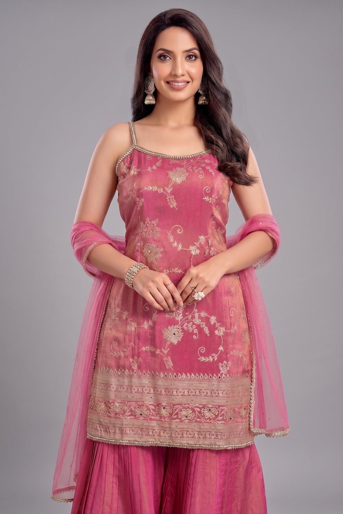Pink Tissue Floral Woven Sharara Suit