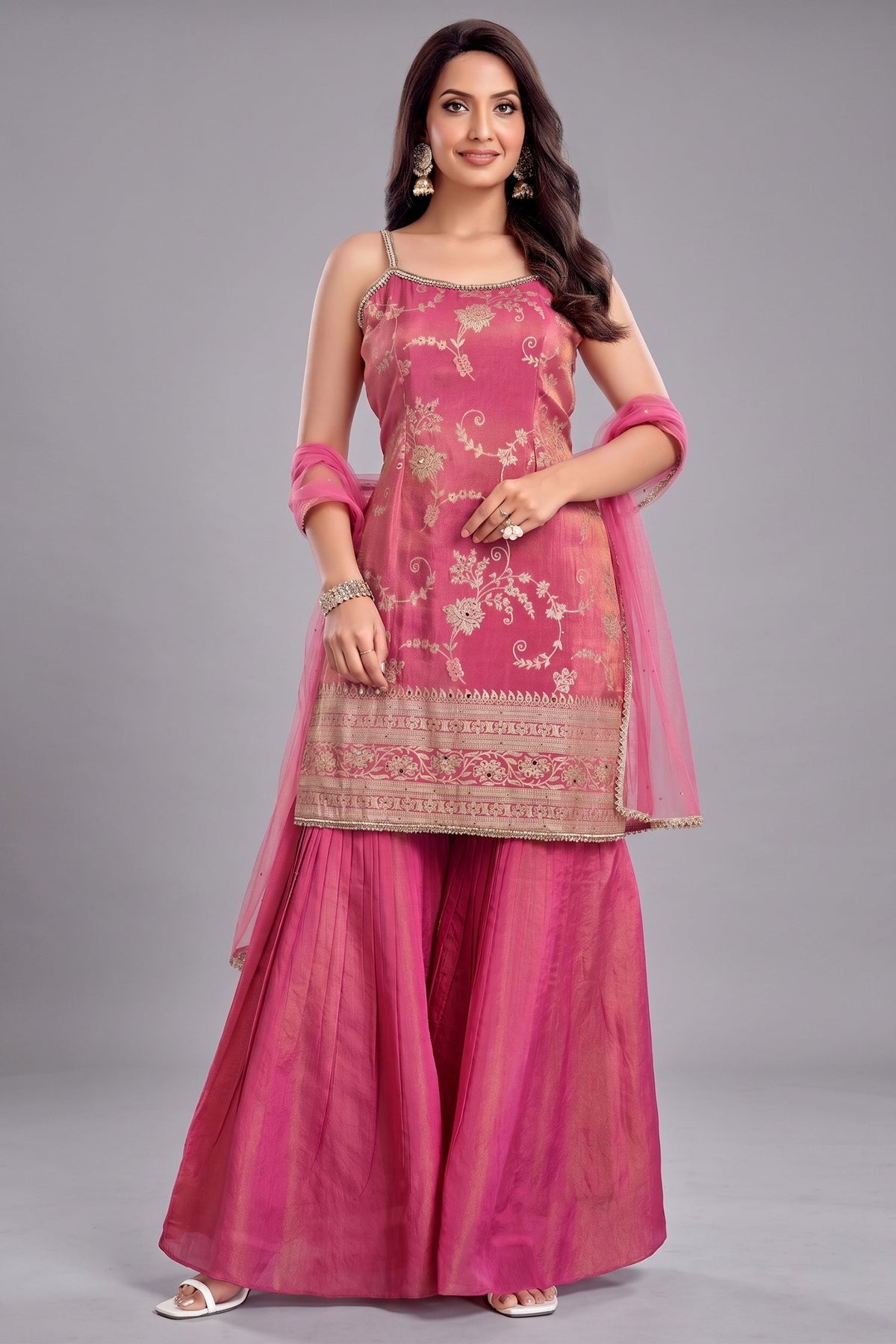 Pink Tissue Floral Woven Sharara Suit