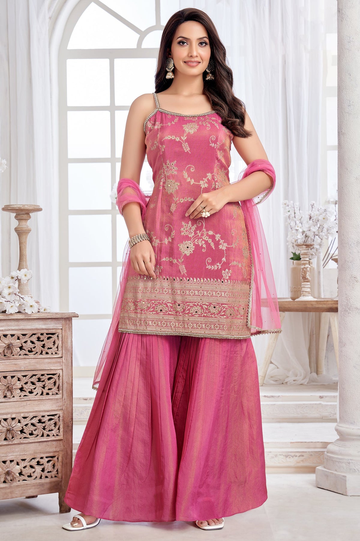 Pink Tissue Floral Woven Sharara Suit