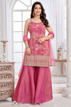 Pink Tissue Floral Woven Sharara Suit