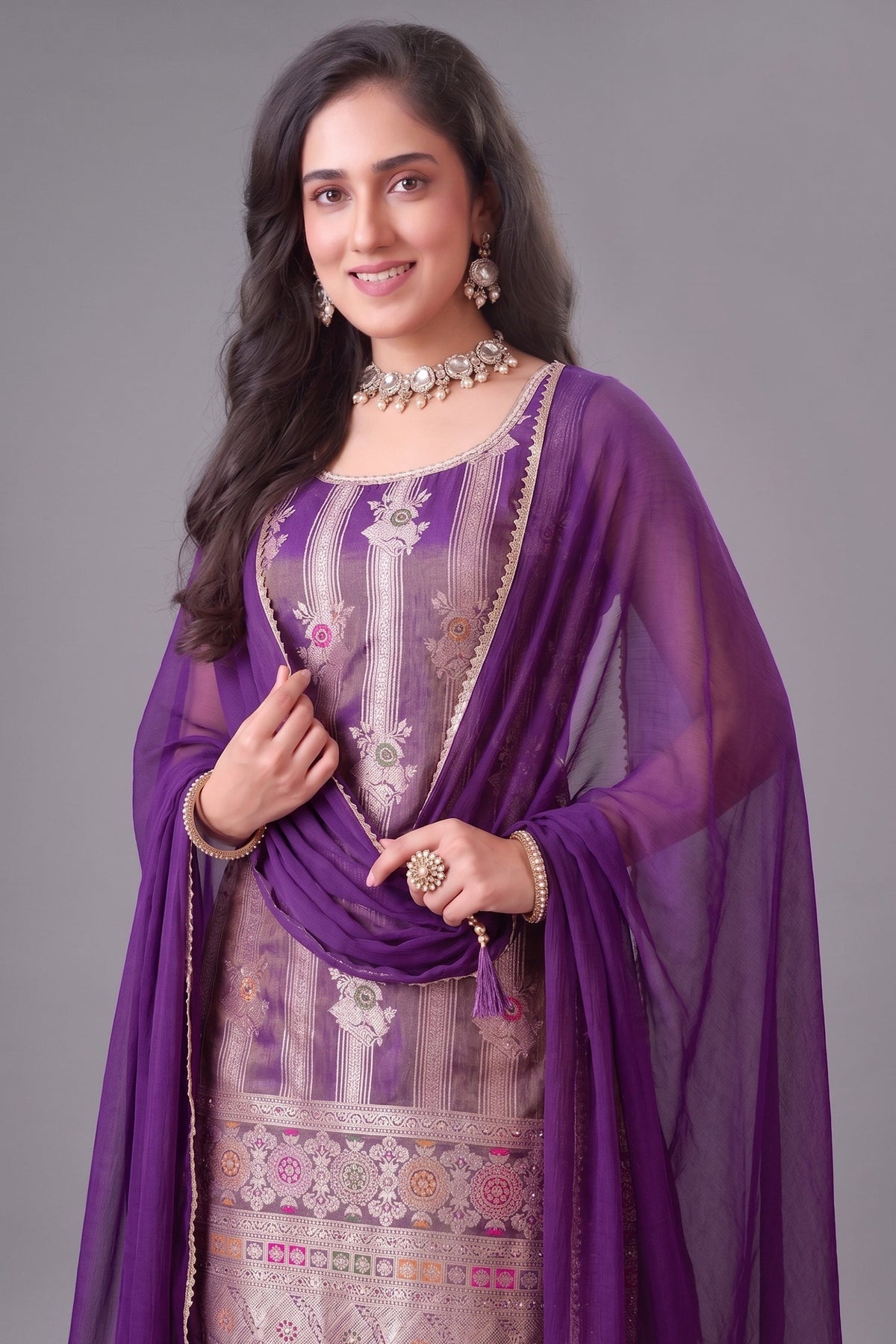 Purple Tissue Woven Straight Cut Palazzo Suit