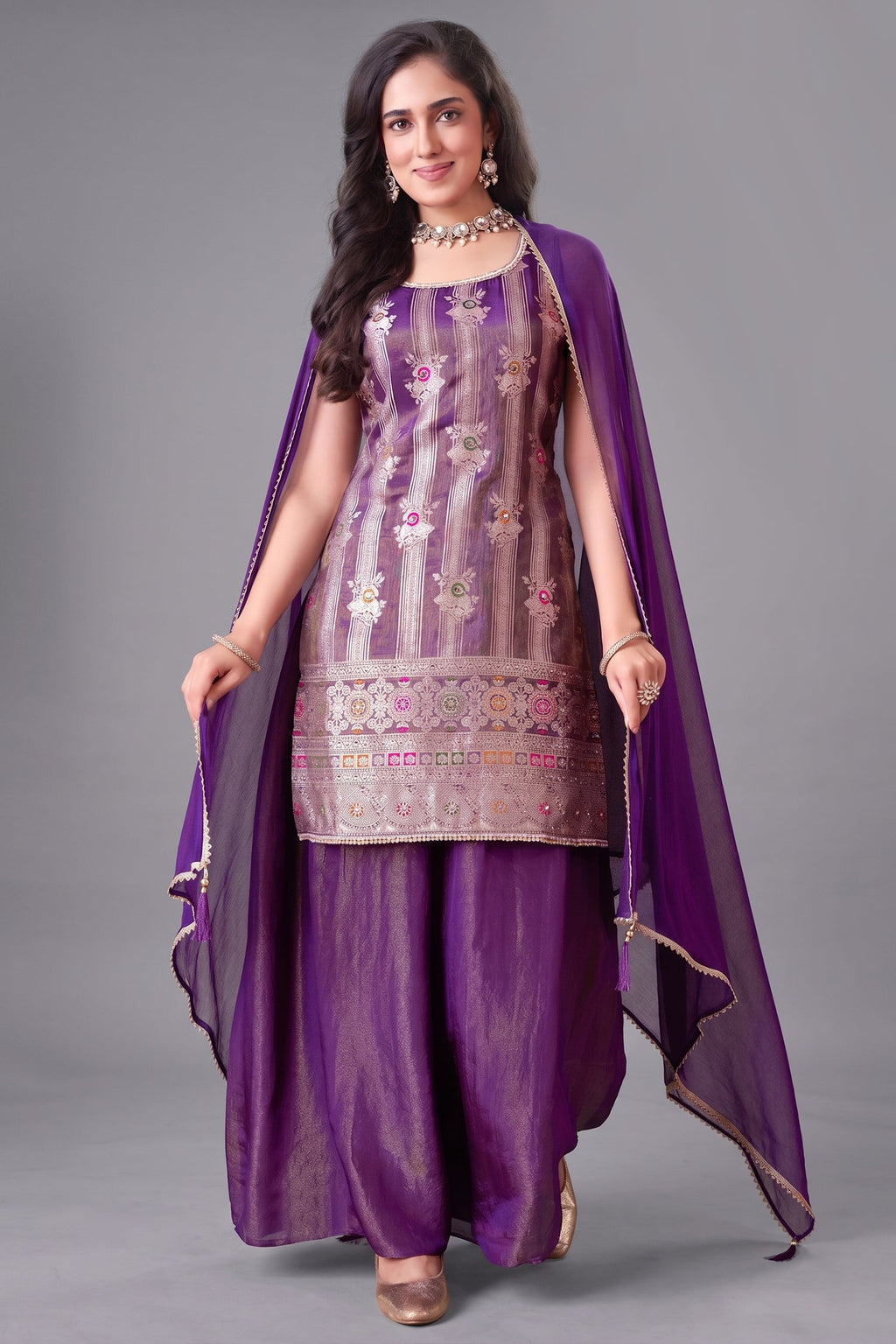 Purple Tissue Woven Straight Cut Palazzo Suit