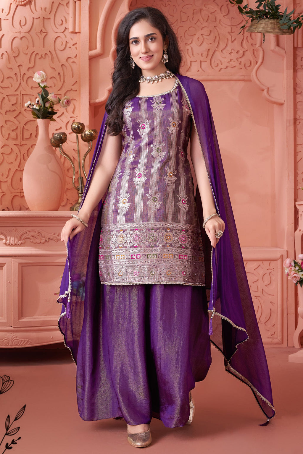 Purple Tissue Woven Straight Cut Palazzo Suit