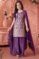 Purple Tissue Woven Straight Cut Palazzo Suit