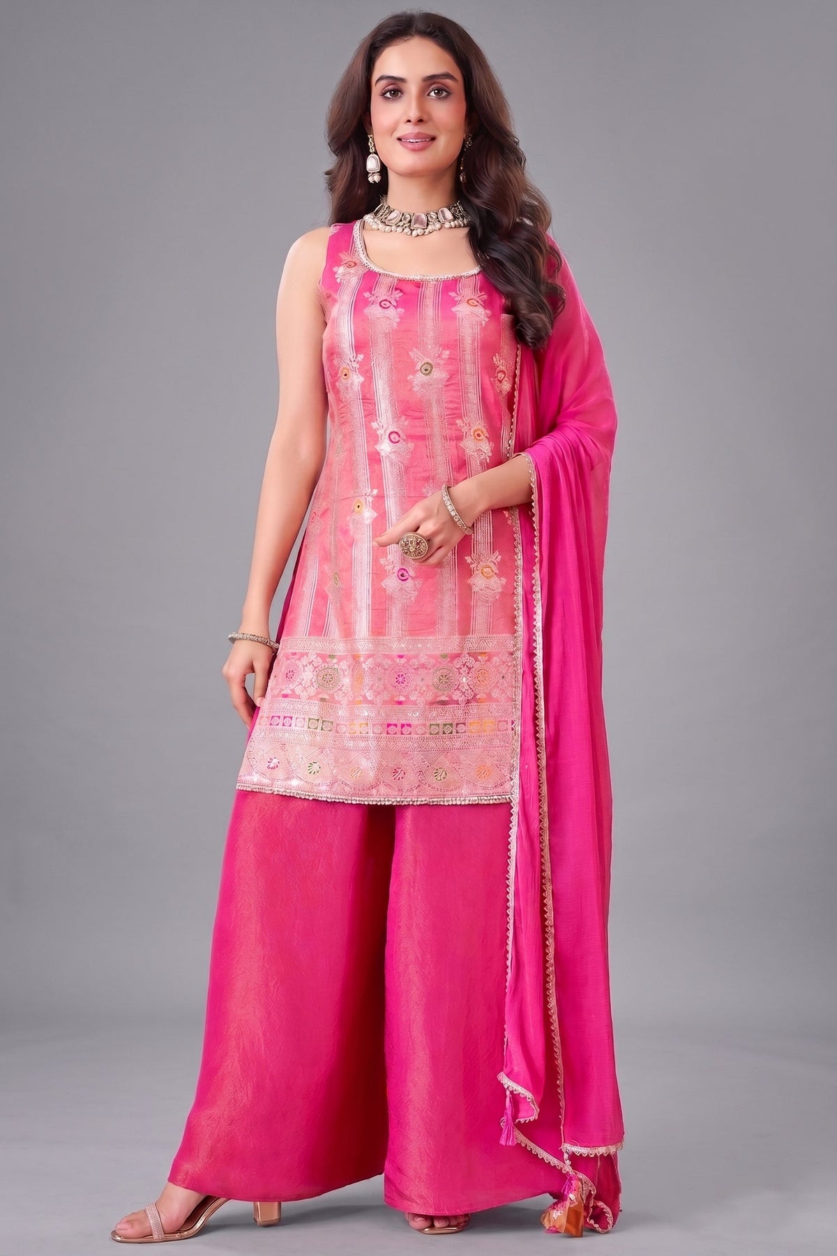 Light Pink Tissue Woven Straight Cut Palazzo Suit