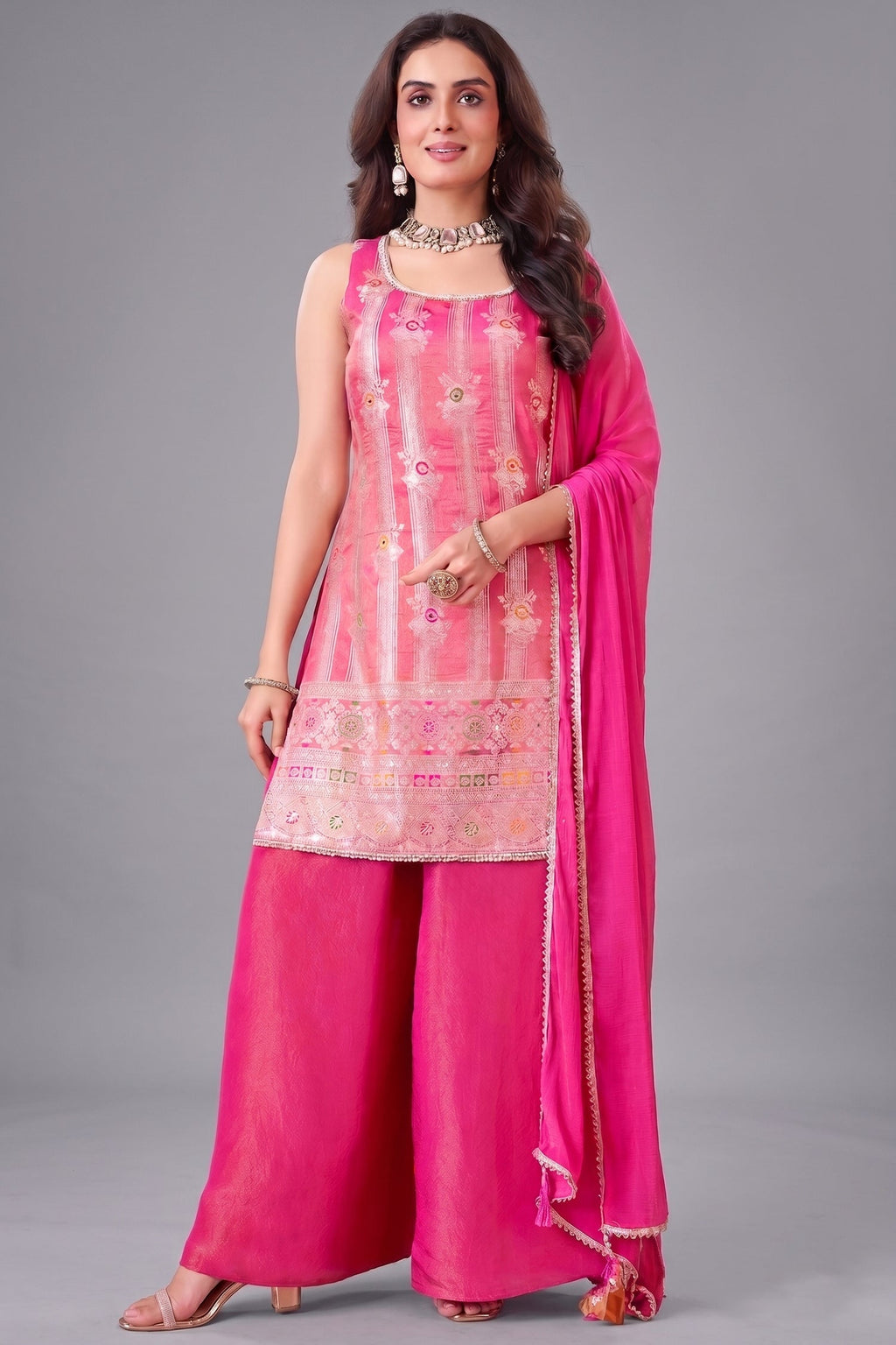 Light Pink Tissue Woven Straight Cut Palazzo Suit