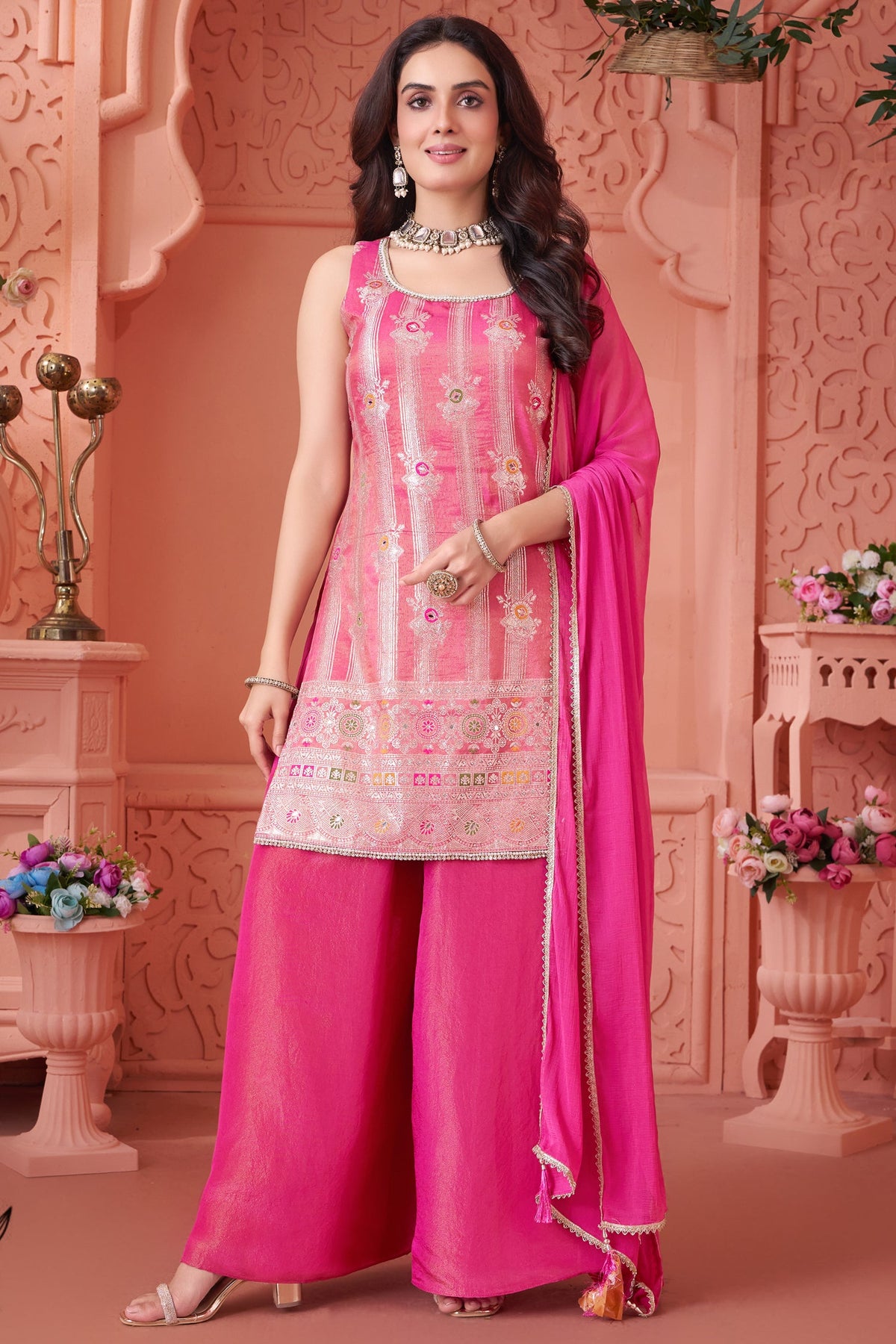 Light Pink Tissue Woven Straight Cut Palazzo Suit