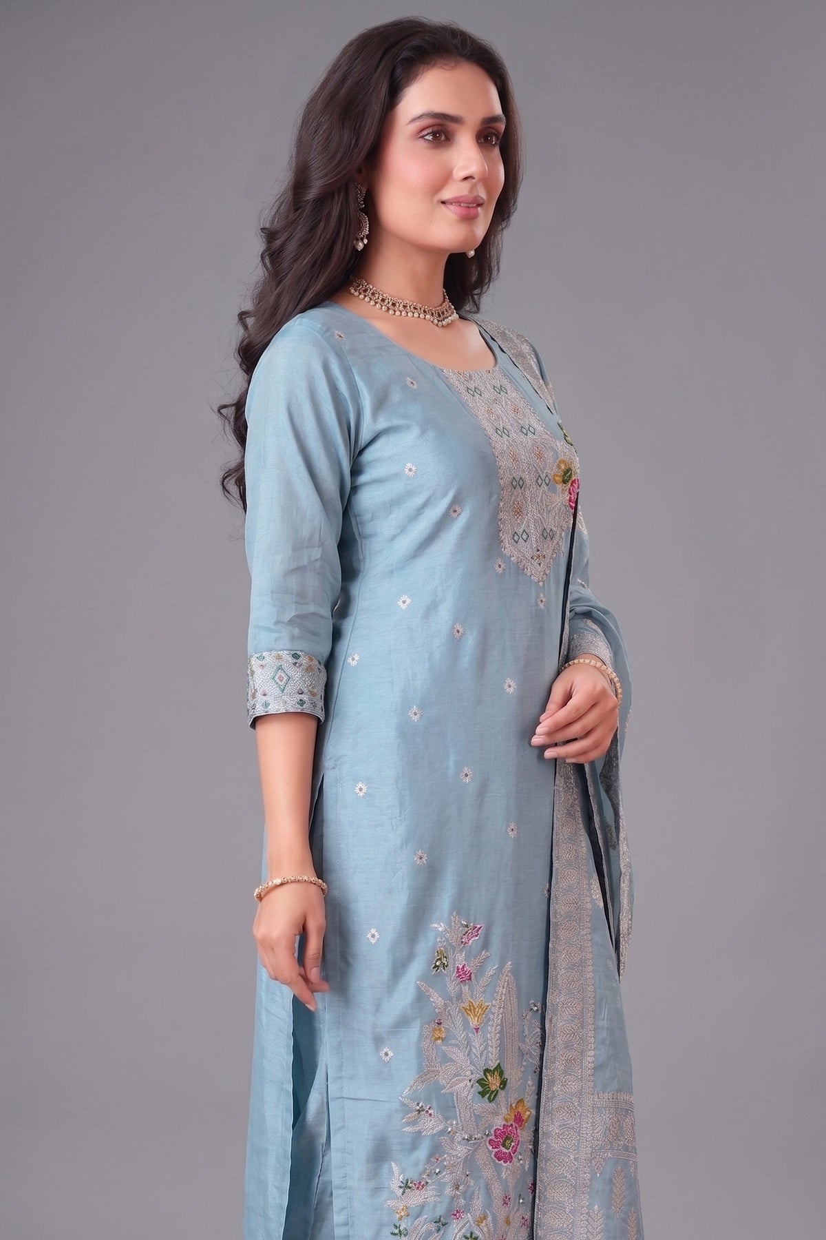 Light Blue Art Silk Woven Straight Cut Suit