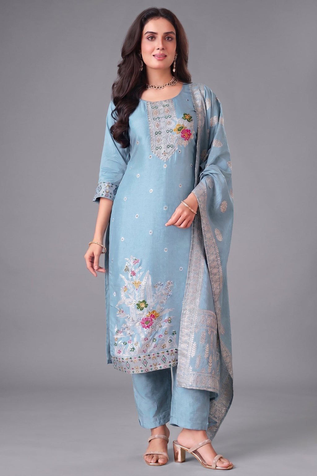 Light Blue Art Silk Woven Straight Cut Suit