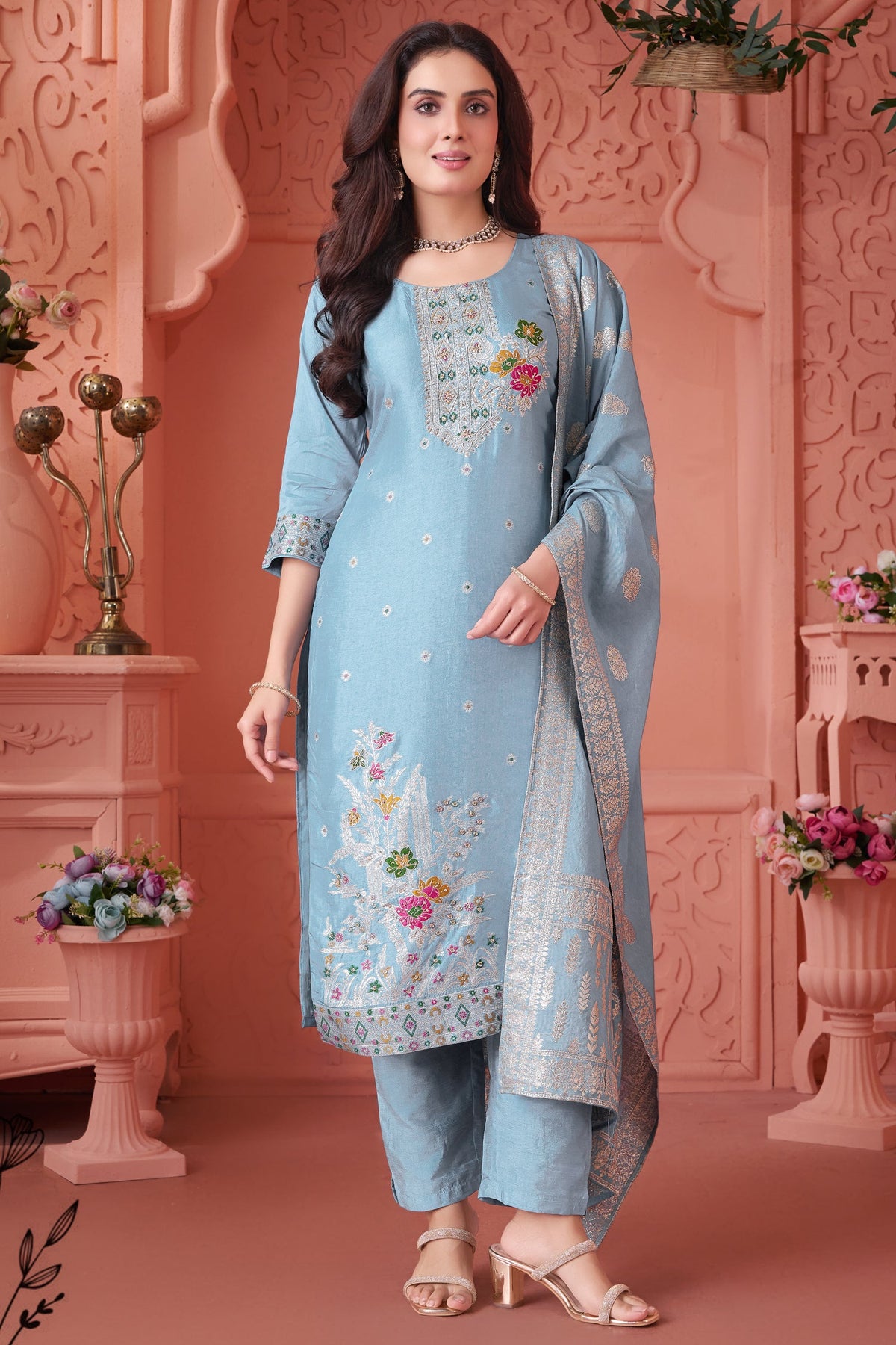 Light Blue Art Silk Woven Straight Cut Suit