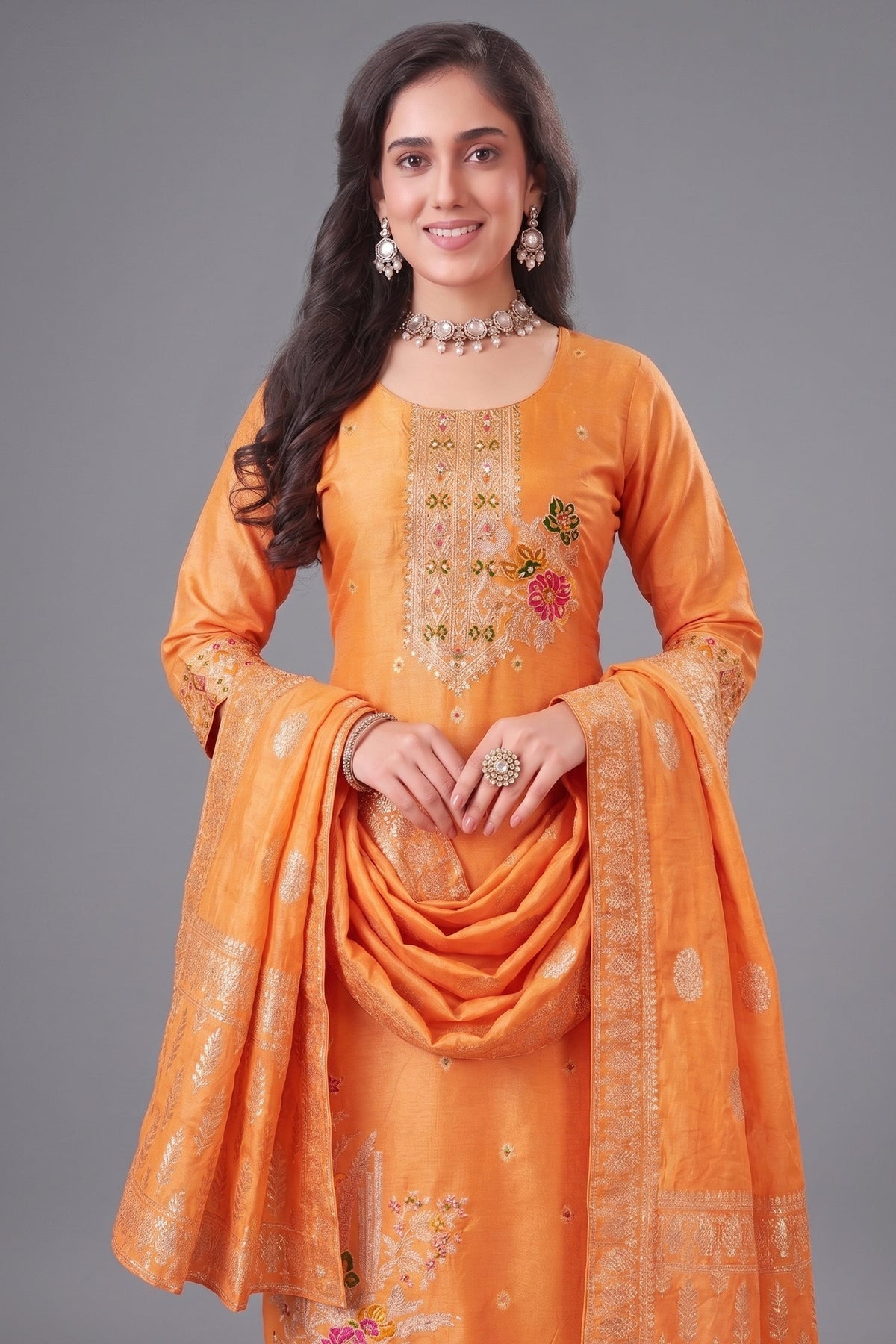 Orange Art Silk Woven Straight Cut Suit