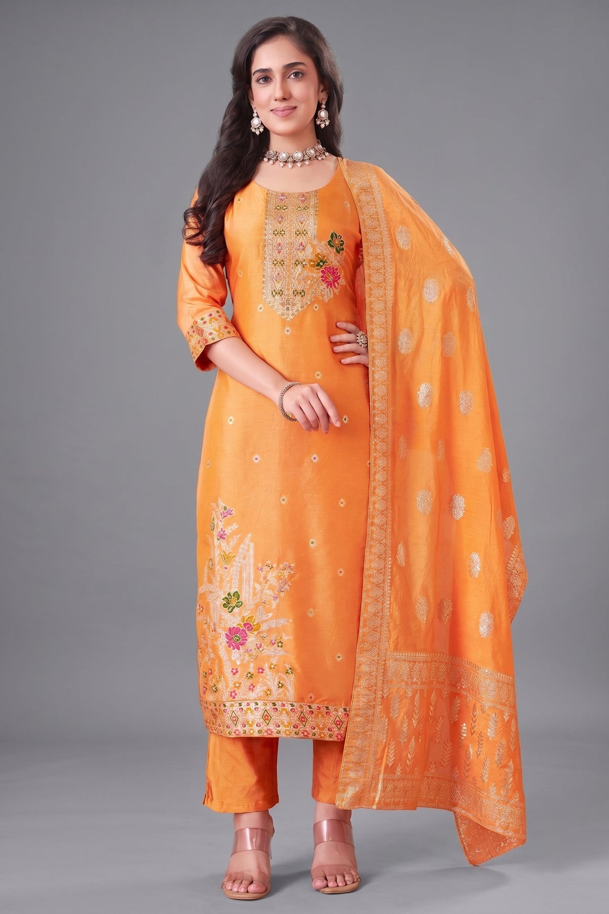 Orange Art Silk Woven Straight Cut Suit