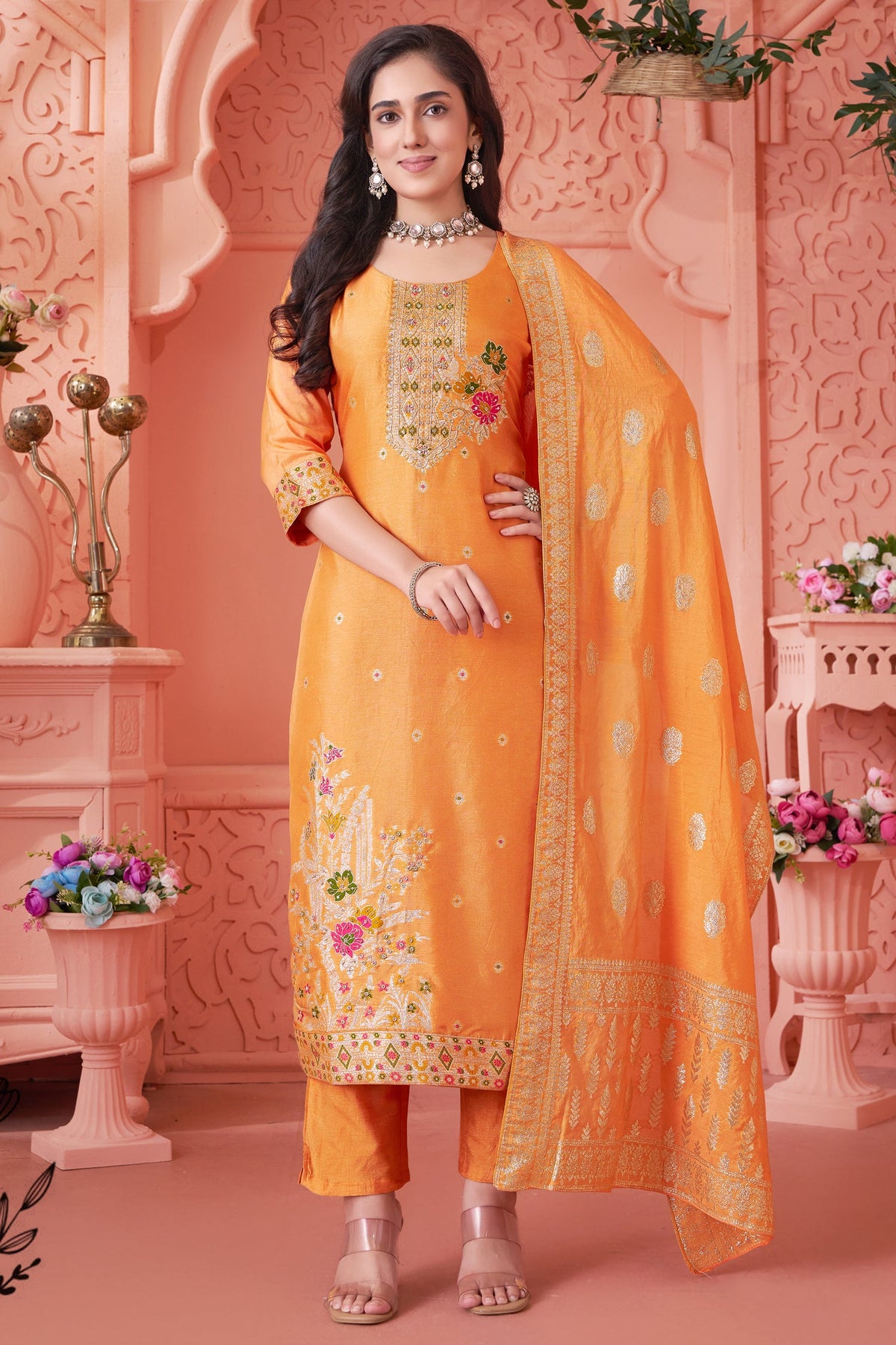 Orange Art Silk Woven Straight Cut Suit