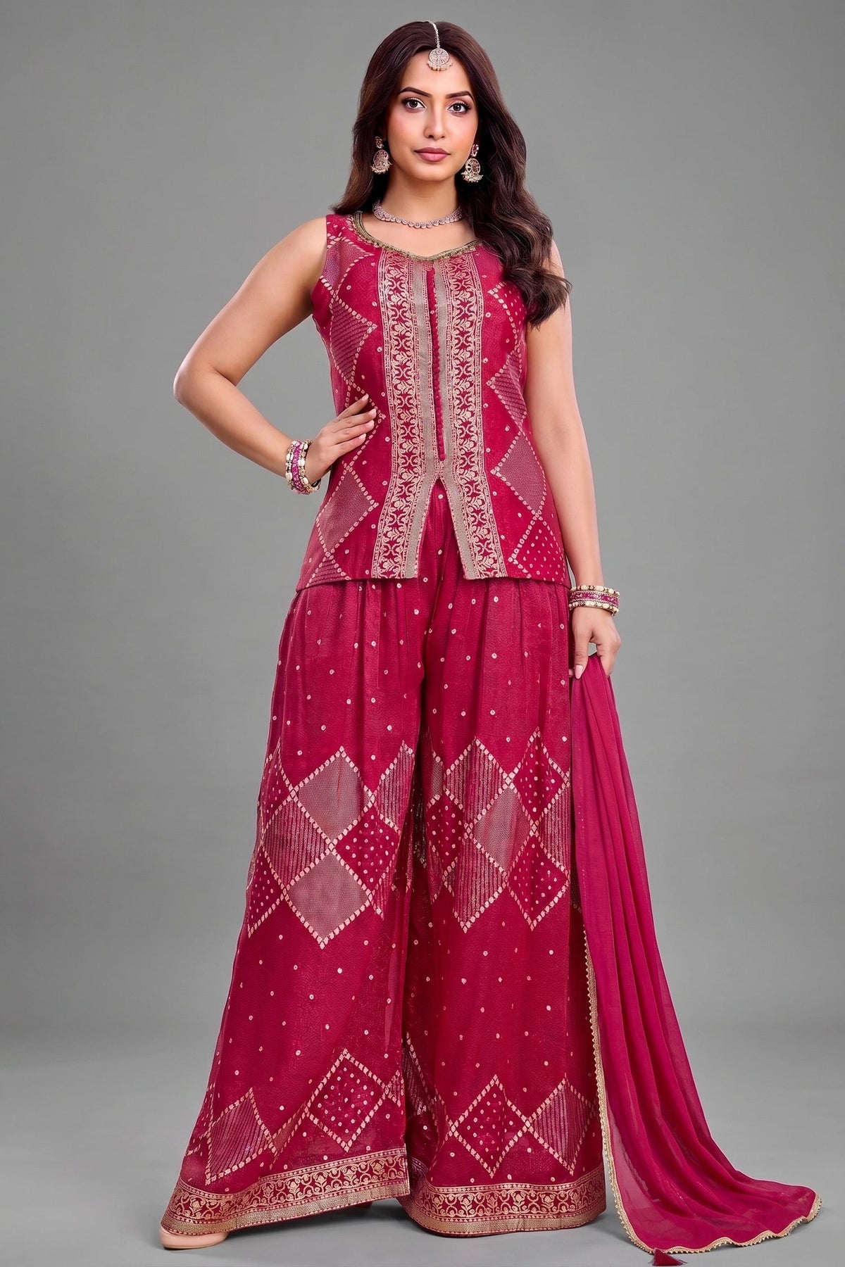 Rani Pink Georgette Woven Palazzo Suit