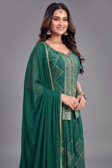 Teal Green Georgette Woven Palazzo Suit