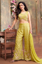 Lime Green Glass Tissue Cutdana and Sequin Worked Crop Top Palazzo Set