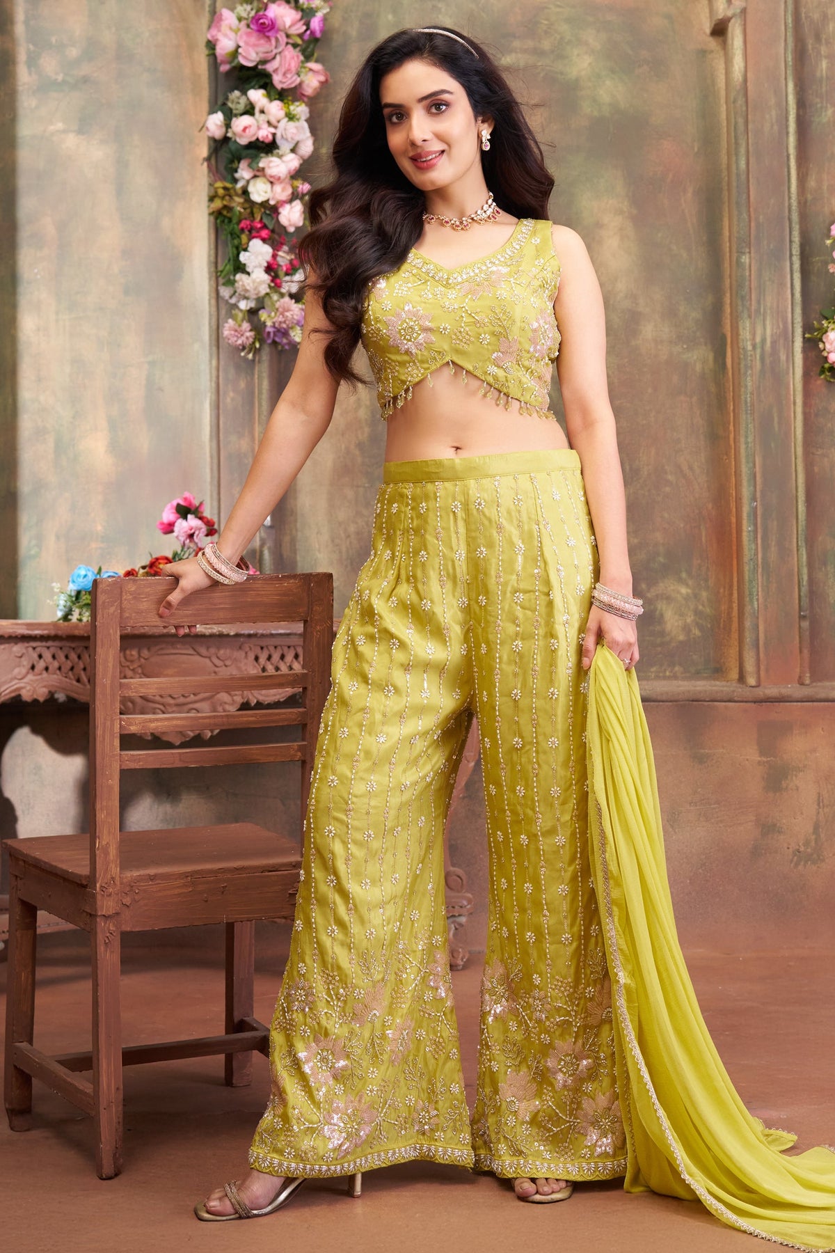 Lime Green Glass Tissue Cutdana and Sequin Worked Crop Top Palazzo Set