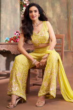 Lime Green Glass Tissue Cutdana and Sequin Worked Crop Top Palazzo Set
