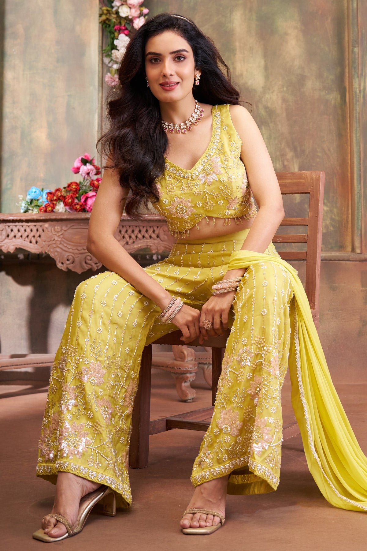 Lime Green Glass Tissue Cutdana and Sequin Worked Crop Top Palazzo Set