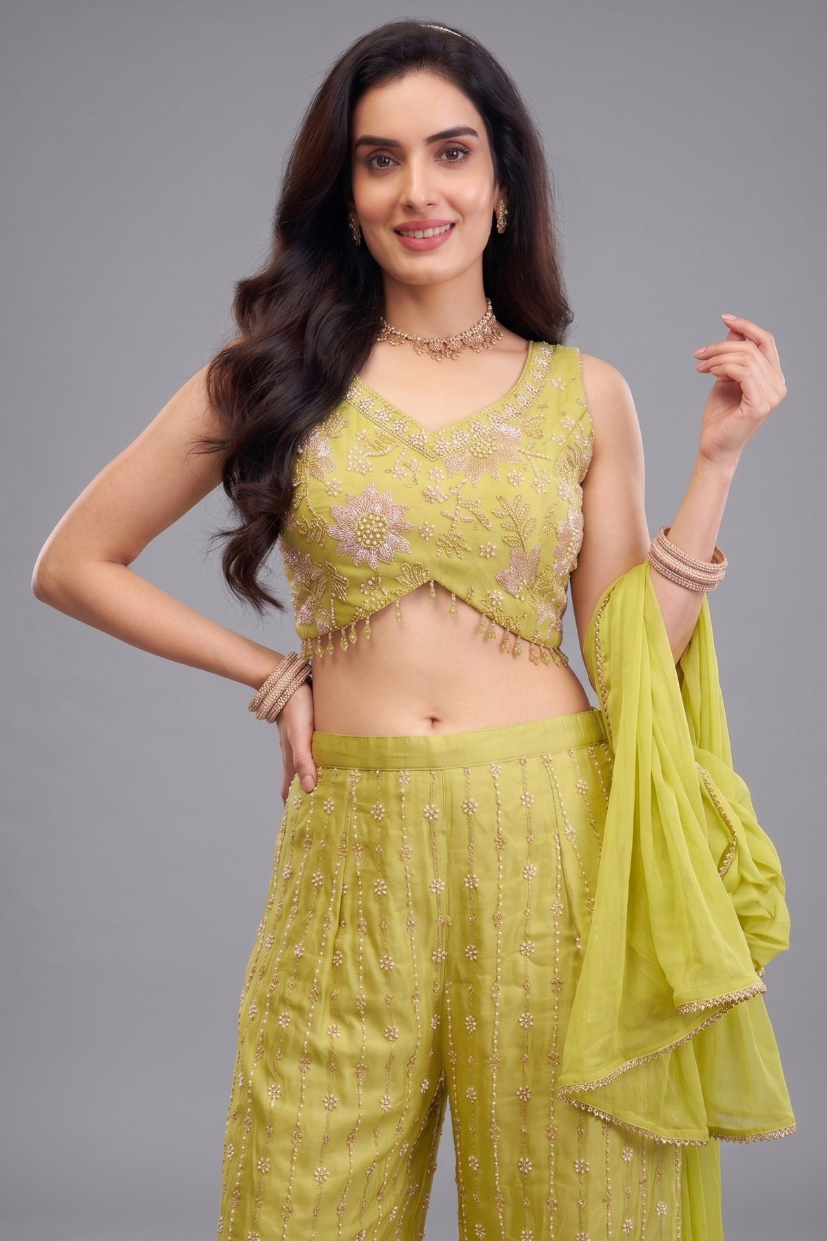 Lime Green Glass Tissue Cutdana and Sequin Worked Crop Top Palazzo Set