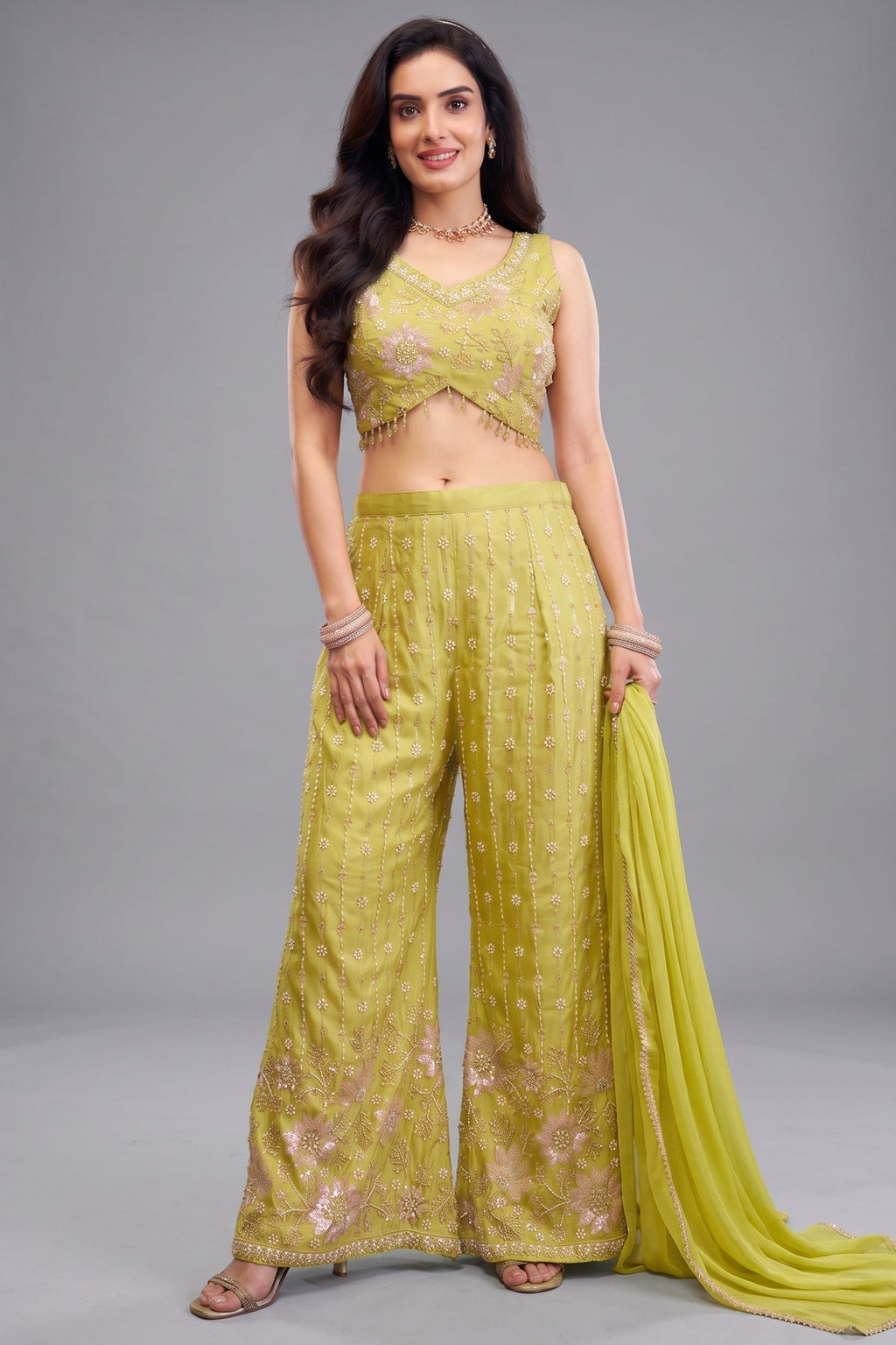 Lime Green Glass Tissue Cutdana and Sequin Worked Crop Top Palazzo Set