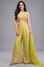 Lime Green Glass Tissue Cutdana and Sequin Worked Crop Top Palazzo Set
