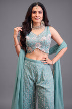 Sky Blue Glass Tissue Cutdana and Sequin Worked Crop Top Palazzo Set