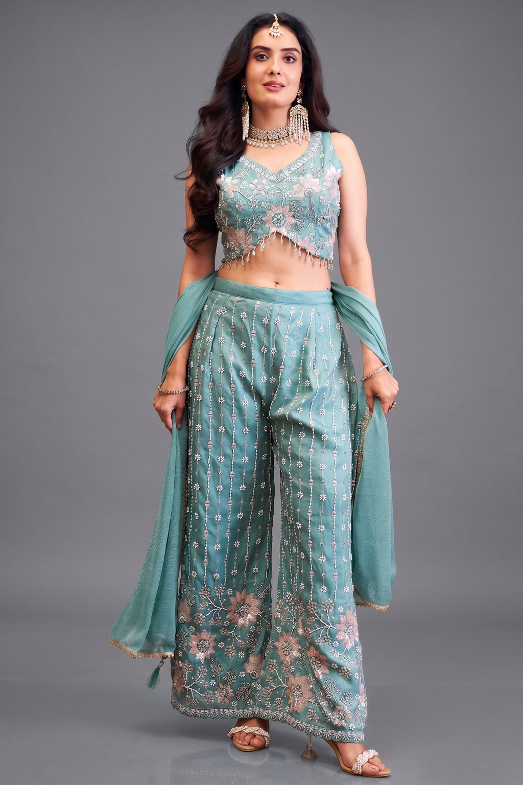 Sky Blue Glass Tissue Cutdana and Sequin Worked Crop Top Palazzo Set